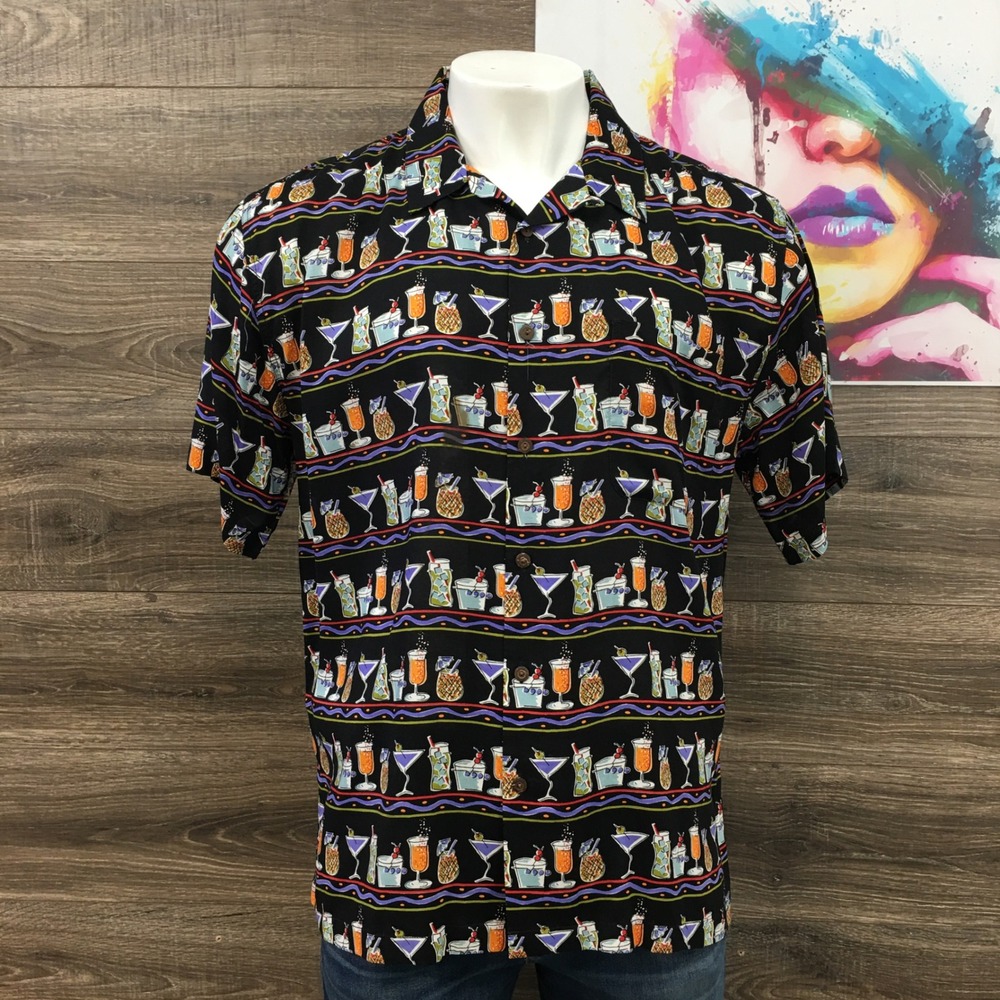 Vintage Weekend Cocktail Hawaiian‎ Shirt Rayon Tropical Print Party Button Up L